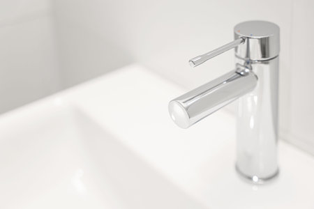 Silver tap of modern sink in bathroom, closeup