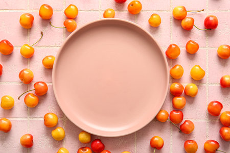Plate and sweet yellow cherry on pink tile backgroundの写真素材