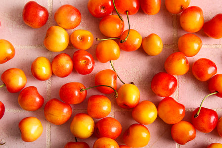 Many sweet yellow cherries on pink tile backgroundの写真素材