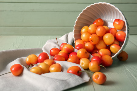 Bowl with sweet yellow cherries on green wooden backgroundの写真素材