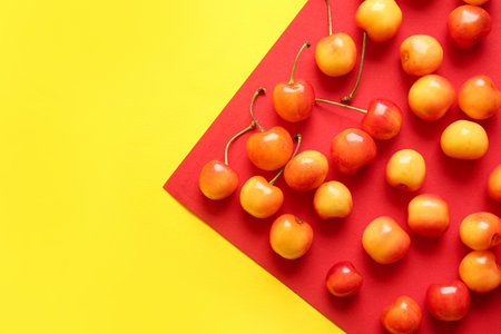 Many sweet yellow cherries on colorful backgroundの写真素材