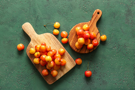 Wooden boards with sweet yellow cherries on green backgroundの写真素材
