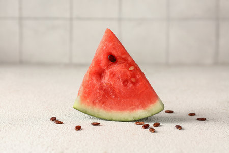 Piece of fresh watermelon and seeds on white tableの写真素材