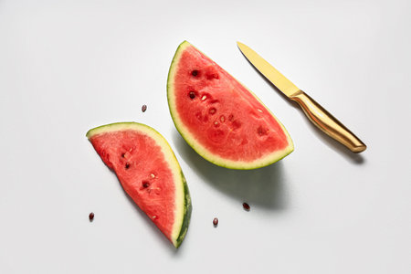 Pieces of fresh watermelon and seeds on gray background