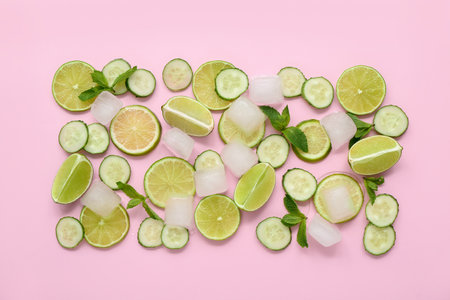Slices of lime, mint and cucumber with ice cubes on pink background. Ingredients for mojitoの写真素材
