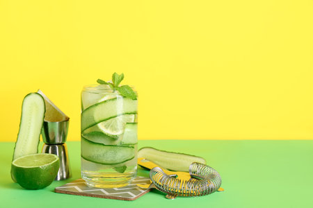 Glass of cucumber mojito with bartender tools on color backgroundの写真素材