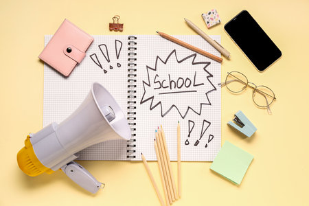 Stationery, megaphone and notebook with word SCHOOL on pale yellow backgroundの写真素材