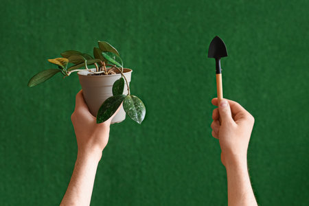 Gardener with plant and shovel on blurred green backgroundの写真素材
