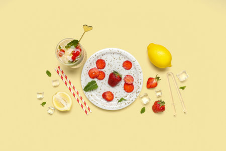 Glass of fresh lemonade with strawberry and lemon on beige backgroundの写真素材