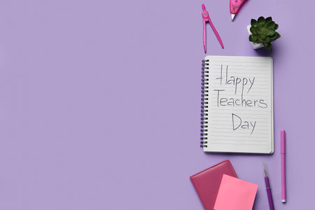 Notebooks with text HAPPY TEACHERS DAY, houseplant and different stationery on lilac backgroundの写真素材