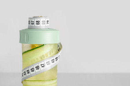 Sports bottle of lemonade with cucumber and measuring tape on white backgroundの写真素材