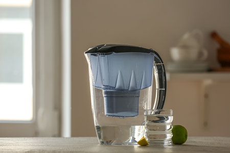 Water filter jug with glass and lime on table in kitchenの写真素材