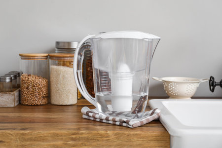 Water filter jug with napkin on kitchen counter near light wall
