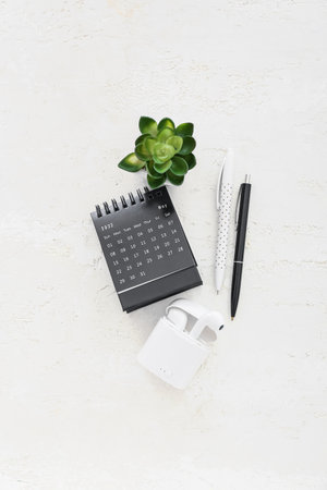 Flip paper calendar, earphones, houseplant and pens on light backgroundの写真素材