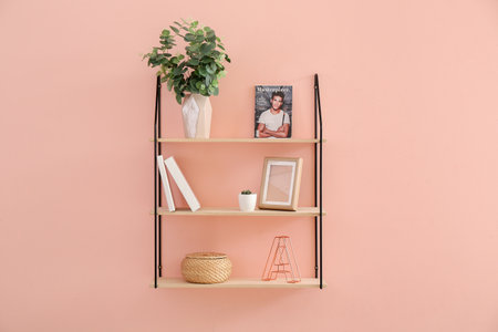 modern shelves hanging on wallの写真素材