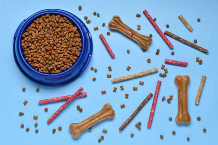 Composition with bowl of dry dog food and different treats on color backgroundの写真素材