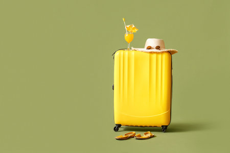 Suitcase with cocktail and beach accessories on green background. travel conceptの写真素材