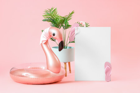 Blank poster with inflatable ring in shape of flamingo and plant leaves on pink background. travel conceptの写真素材