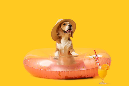 Cute Beagle dog in hat with swim ring and cocktail on yellow backgroundの写真素材