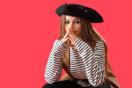 Beautiful female pirate on red backgroundの写真素材