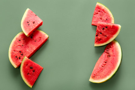 Pieces of fresh watermelon on green backgroundの写真素材
