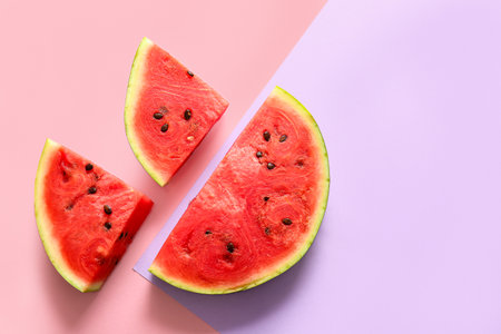 Pieces of fresh watermelon on colorful backgroundの写真素材