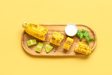 Wooden board with cut tasty grilled corn cob and sauce on yellow backgroundの写真素材