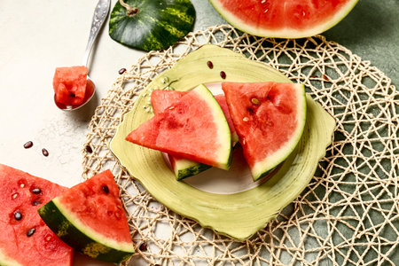 Plate with pieces of fresh watermelon on grunge backgroundの写真素材