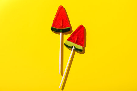 Lollipops in shape of watermelon slice on yellow backgroundの写真素材