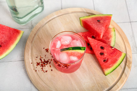 Board with glass of tasty watermelon cocktail on white tile backgroundの写真素材
