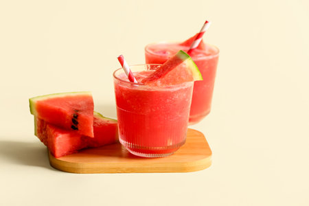 Glasses of tasty watermelon fresh on yellow backgroundの写真素材
