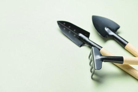 Gardening rake and shovels on green backgroundの写真素材