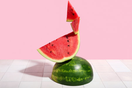 Pieces of fresh watermelon on white tile tableの写真素材