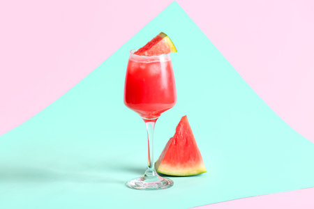 Glass of tasty watermelon fresh on color backgroundの写真素材
