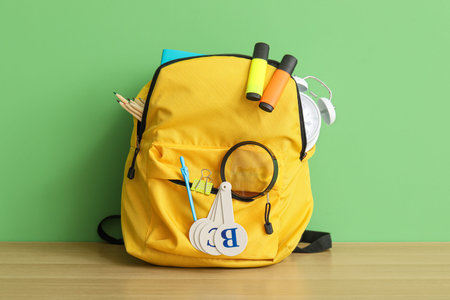 Yellow school backpack with different stationery on wooden table near green wall