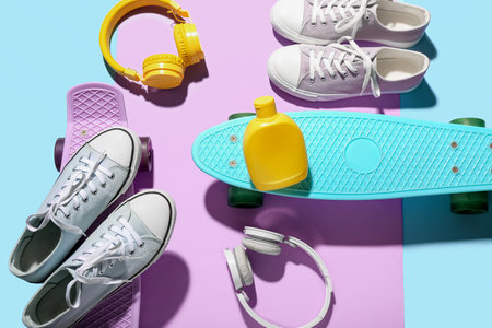 Composition with bottle of sunscreen cream, headphones, shoes and skateboards on color backgroundの写真素材