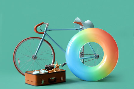 Bicycle with suitcase, camera and beach accessories on turquoise background. travel conceptの写真素材