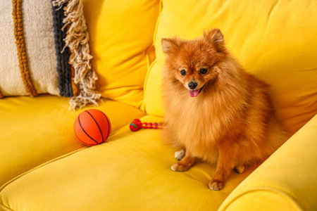 Cute Pomeranian dog on sofa at homeの写真素材