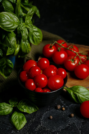 Bowl with canned tomatoes and basil on black backgroundの写真素材
