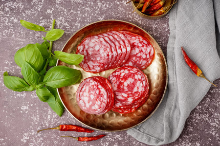 Plate with slices of tasty salami on gray backgroundの写真素材