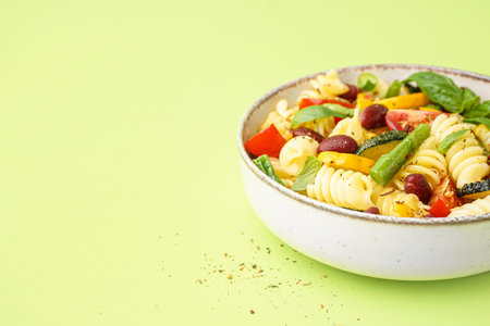Bowl of tasty pasta salad with tomatoes and basil on green backgroundの写真素材