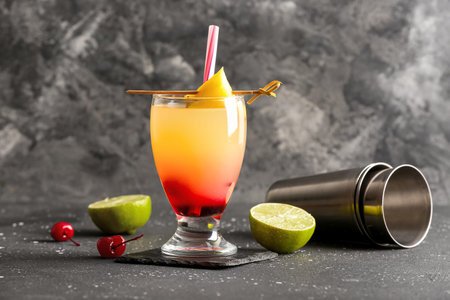 Glass of tasty mai tai cocktail on black background