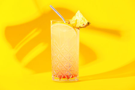 Glass of tasty mai tai cocktail on yellow background