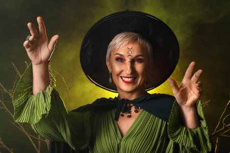 Mature witch with tree branches and green smoke on dark background