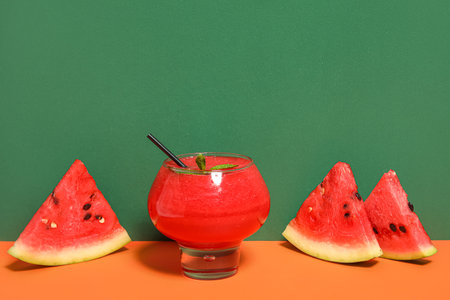 Glass of tasty watermelon juice with mint on colorful backgroundの写真素材