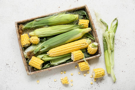 Wicker basket with fresh corn cobs on white table