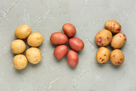 Fresh raw potatoes on gray backgroundの写真素材