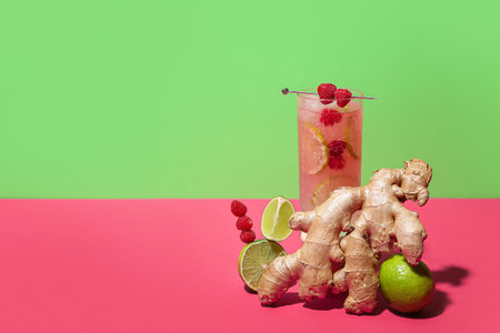 Glass of tasty raspberry cocktail with lime and ginger on color background