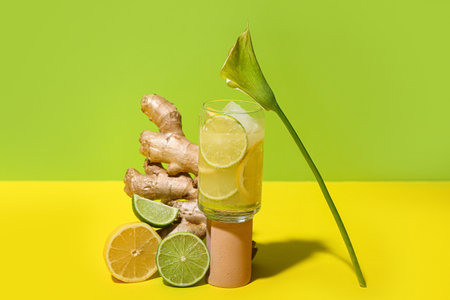 Glass of tasty cocktail with ginger root and citruses on color backgroundの写真素材