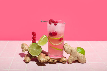 Glass of tasty raspberry cocktail with lime and ginger on color backgroundの写真素材